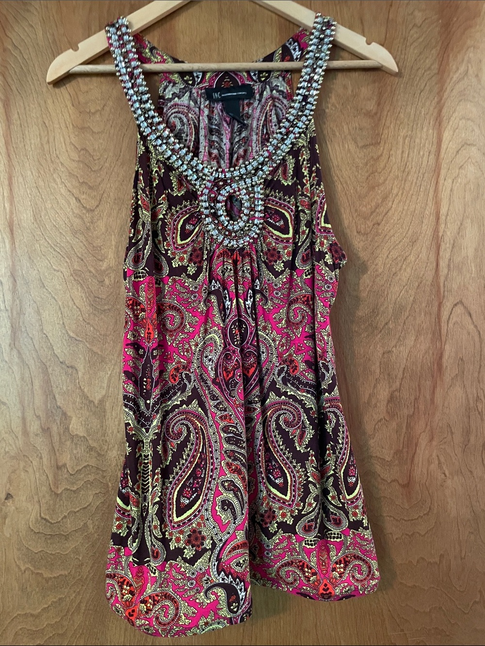 INC International Concepts Y2K Beaded Boho Paisley Top in Pink and Brown, XL